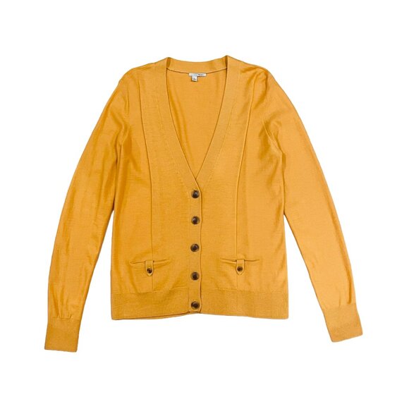 100% Merino Wool V-Neck Cardigan — Mustard Yellow Sweater (Halogen, M) - Picture 2 of 10